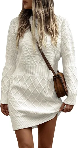 Angashion Sweater Dress for Women - 2025 Fall Winter Long Sleeve Crewneck Slim Fit Diamond Knit Casual Mini Pullover Top