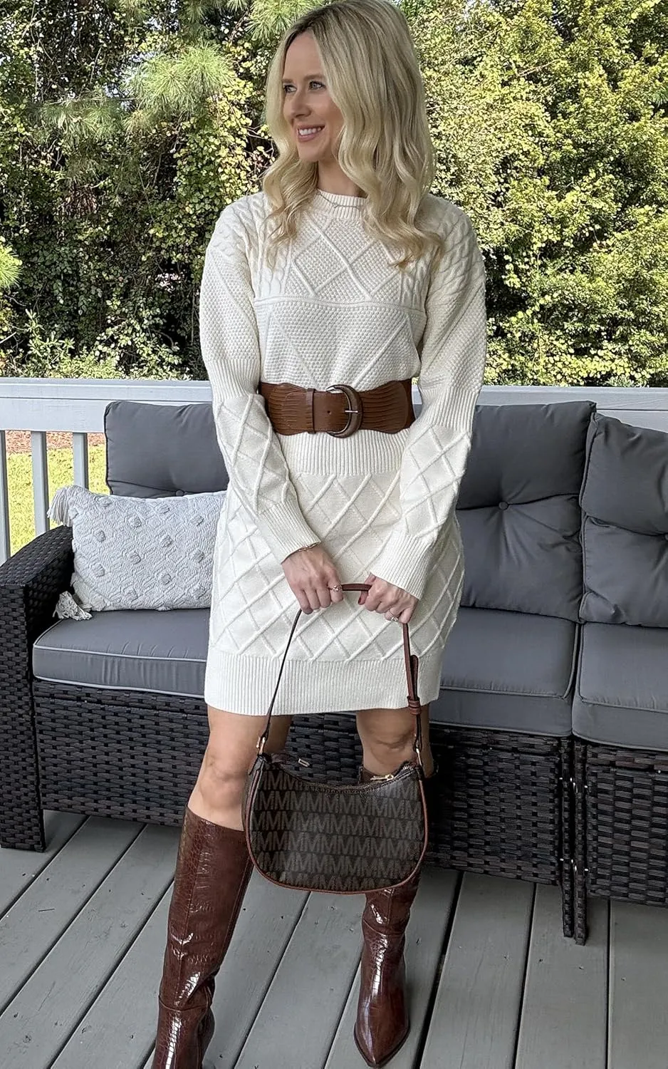Angashion Sweater Dress for Women - 2025 Fall Winter Long Sleeve Crewneck Slim Fit Diamond Knit Casual Mini Pullover Top