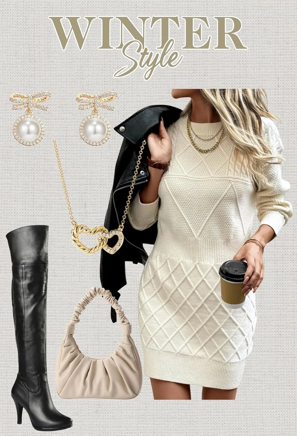 Angashion Sweater Dress for Women - 2025 Fall Winter Long Sleeve Crewneck Slim Fit Diamond Knit Casual Mini Pullover Top