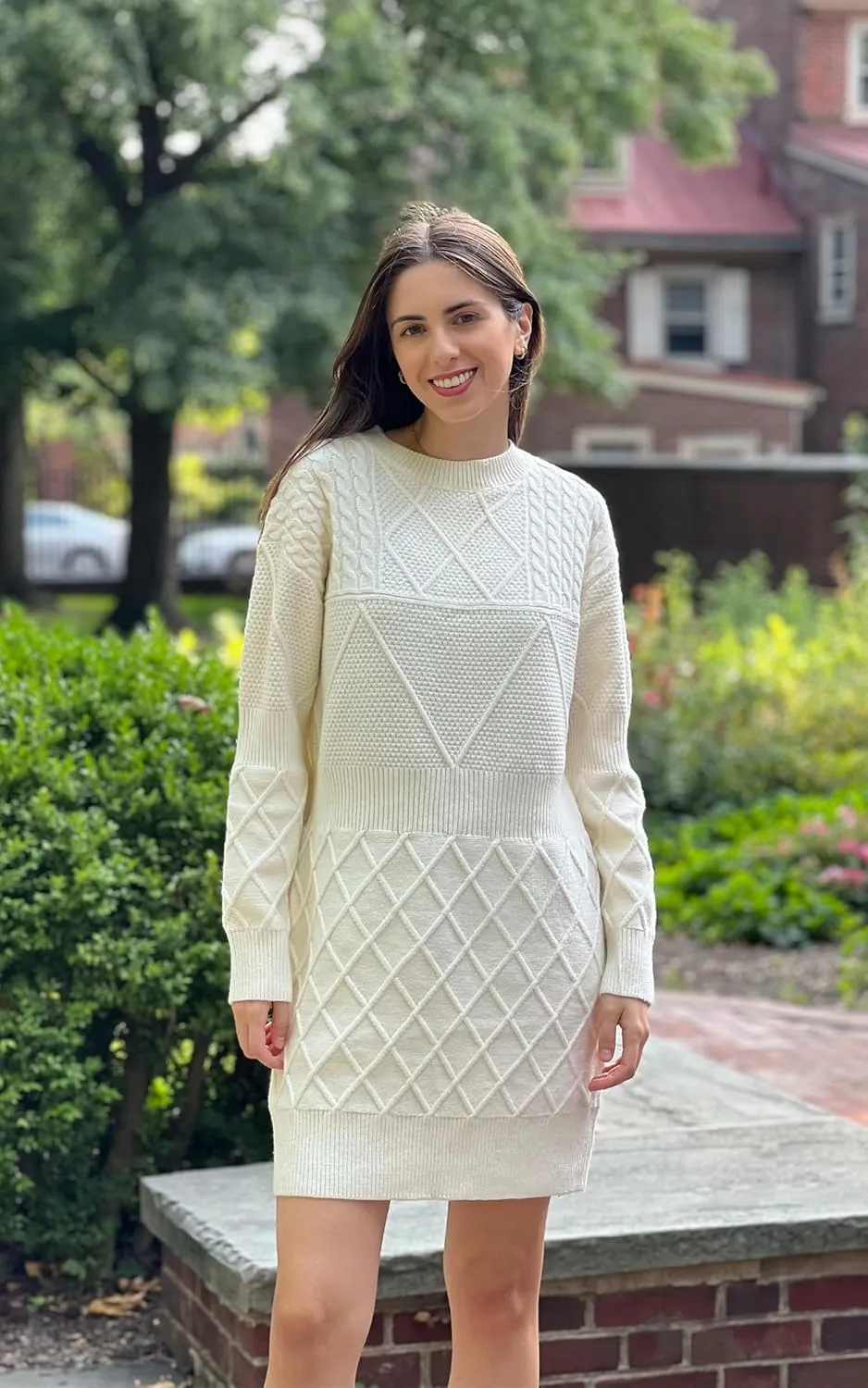 Angashion Sweater Dress for Women - 2025 Fall Winter Long Sleeve Crewneck Slim Fit Diamond Knit Casual Mini Pullover Top
