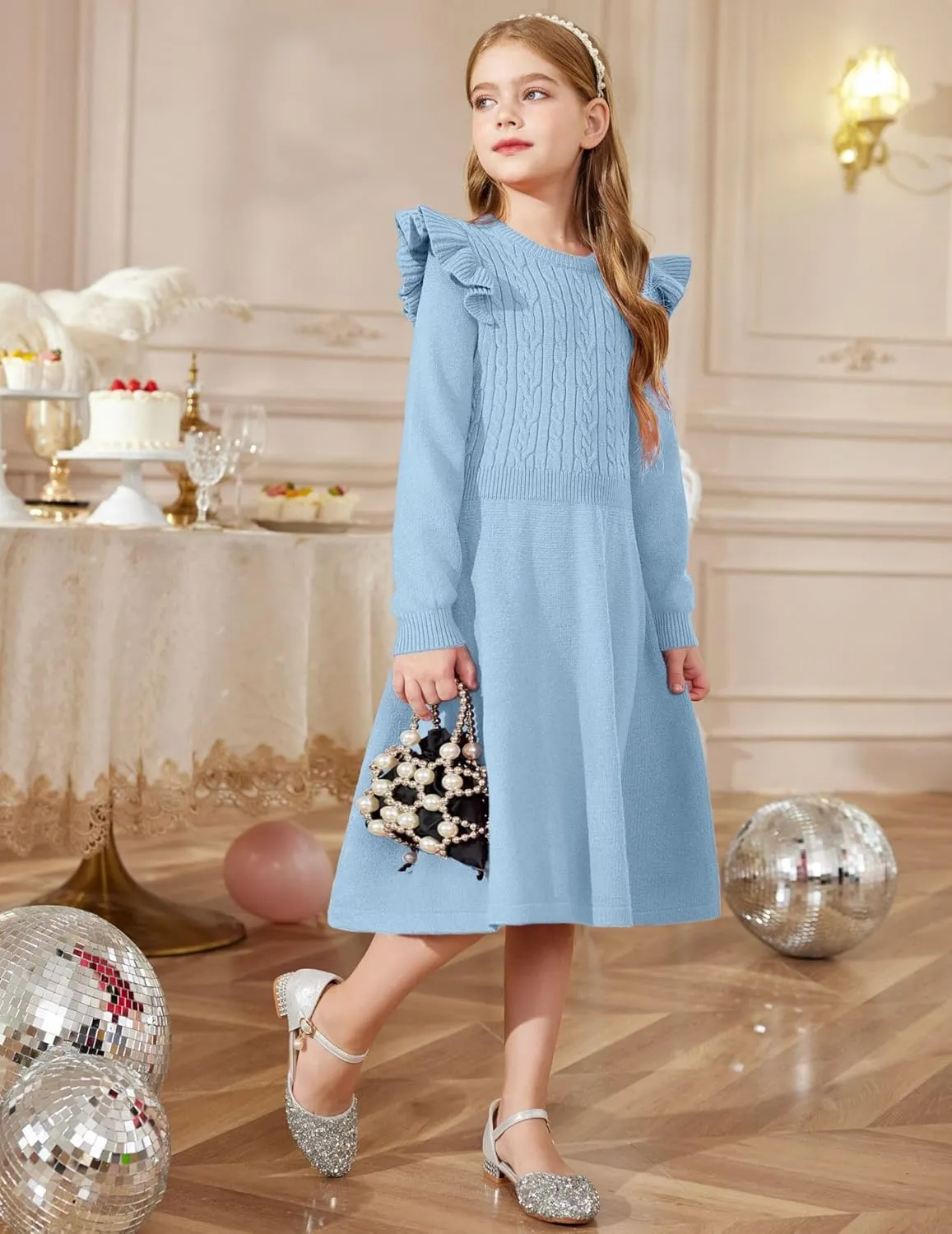 Arshiner Girls Sweater Dress Fall Winter Lantern Long Sleeve Cable Knit Pullover Midi Dresses