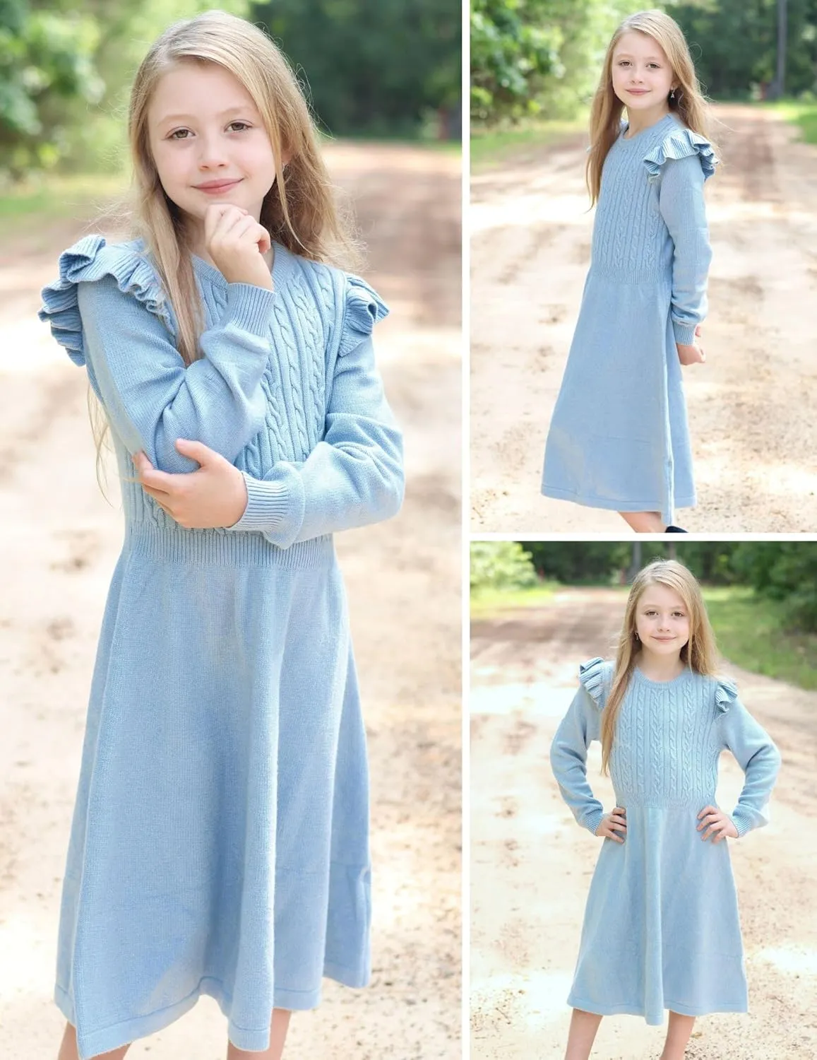 Arshiner Girls Sweater Dress Fall Winter Lantern Long Sleeve Cable Knit Pullover Midi Dresses