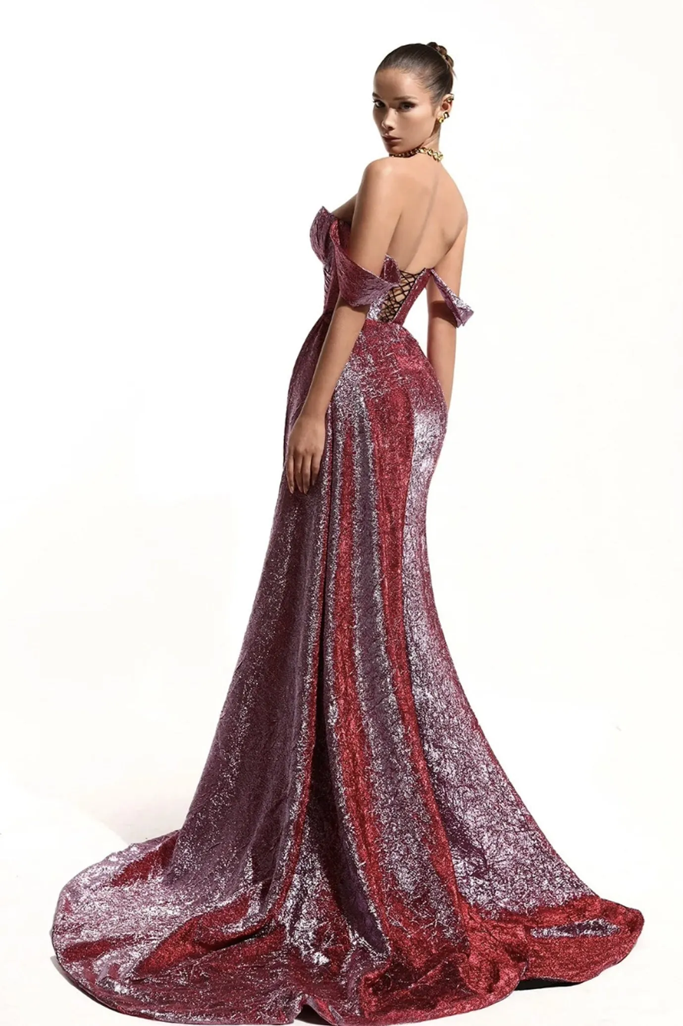 Bella Shimmer Brocade Draped Gown by Fjolla Nila