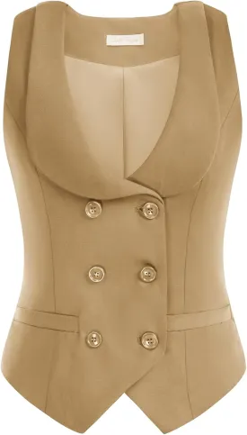Belle Poque Women Double Breasted Waistcoat Vintage Lapel Collar Vest Coat with 2 Pockets