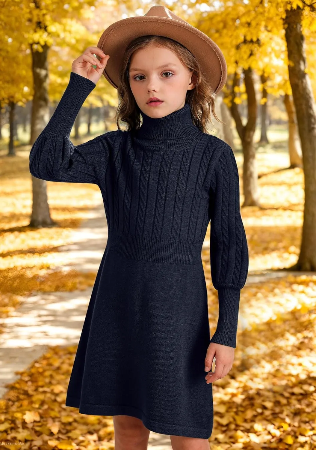 BesserBay Girls Long Sleeve Cable Knitted Sweater Dress Fall Turtleneck Pullover Midi Dress Size 5-14 Years