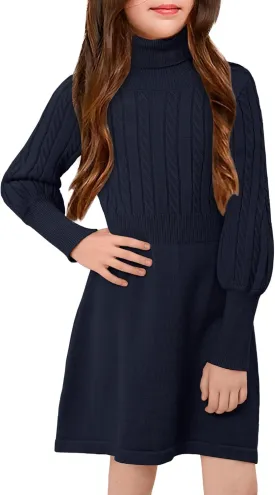 BesserBay Girls Long Sleeve Cable Knitted Sweater Dress Fall Turtleneck Pullover Midi Dress Size 5-14 Years