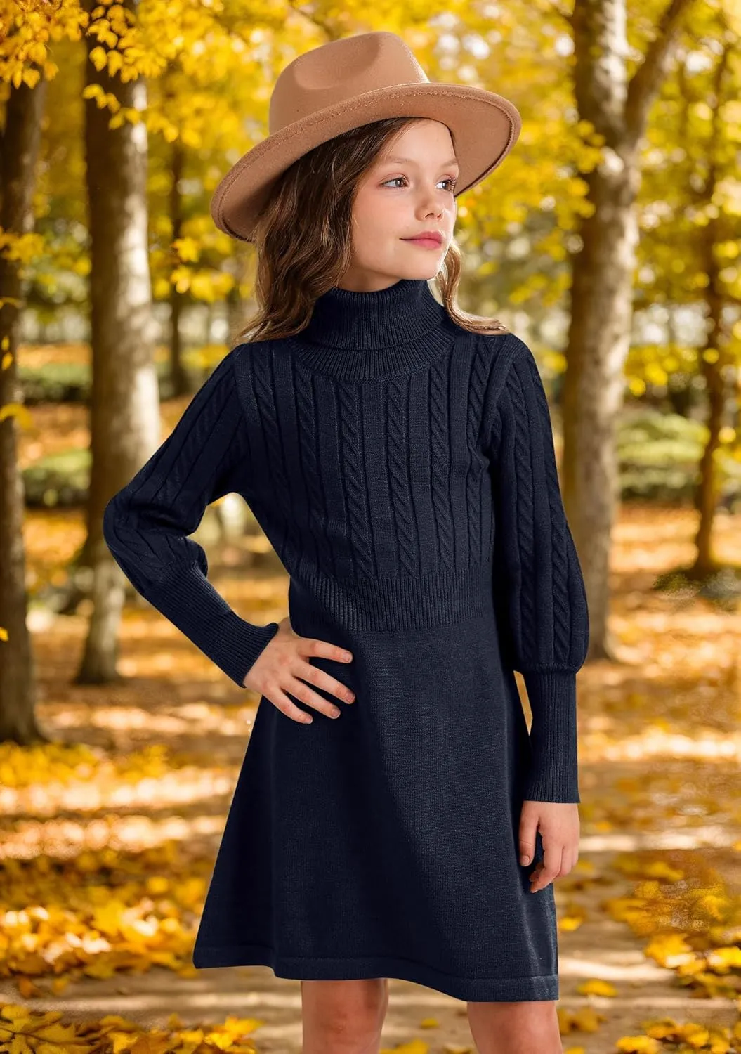 BesserBay Girls Long Sleeve Cable Knitted Sweater Dress Fall Turtleneck Pullover Midi Dress Size 5-14 Years