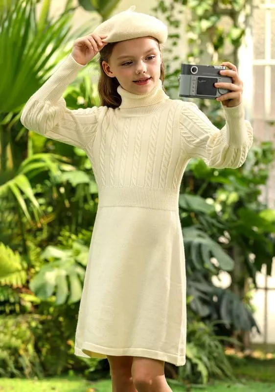 BesserBay Girls Long Sleeve Cable Knitted Sweater Dress Fall Turtleneck Pullover Midi Dress Size 5-14 Years