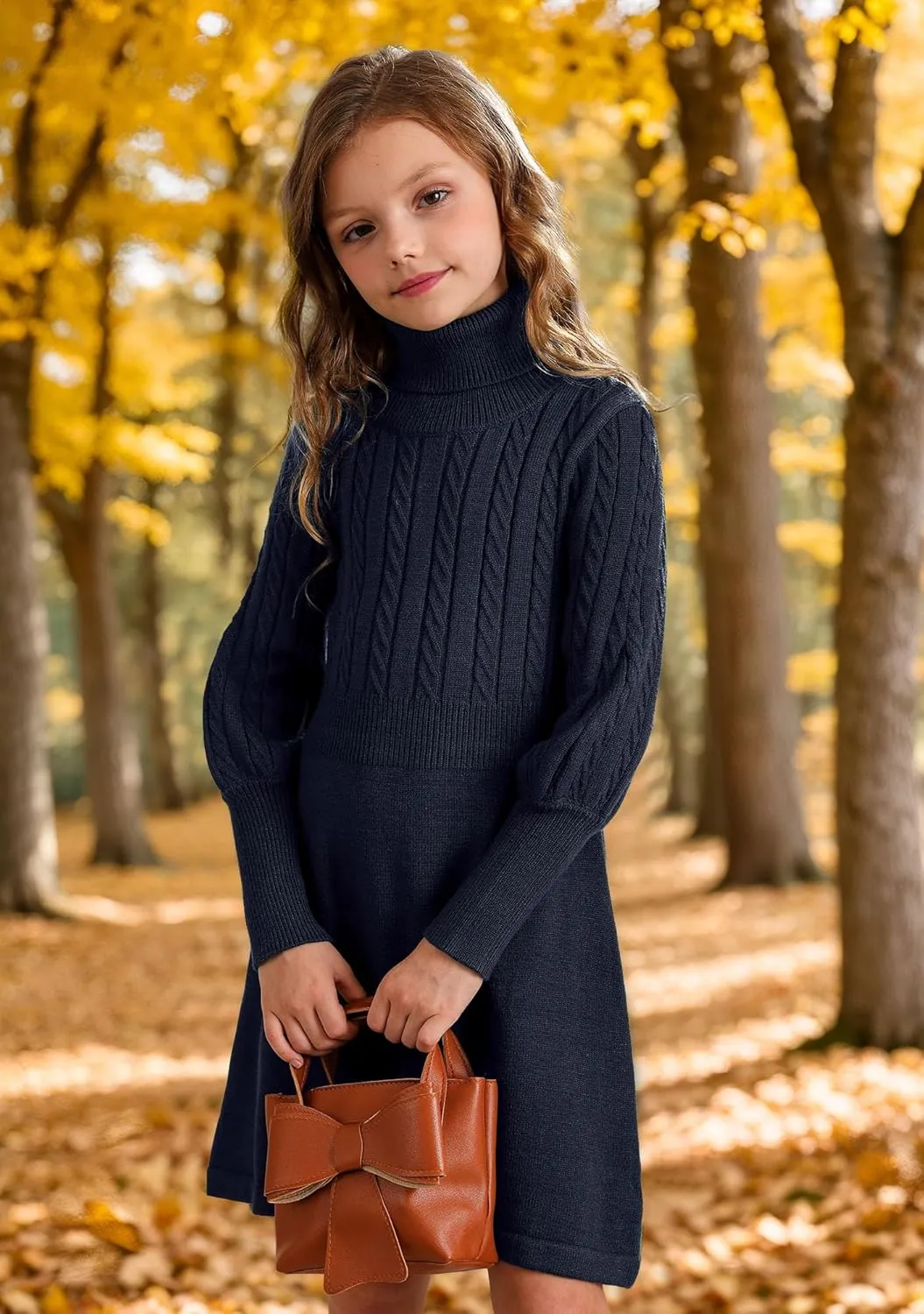 BesserBay Girls Long Sleeve Cable Knitted Sweater Dress Fall Turtleneck Pullover Midi Dress Size 5-14 Years
