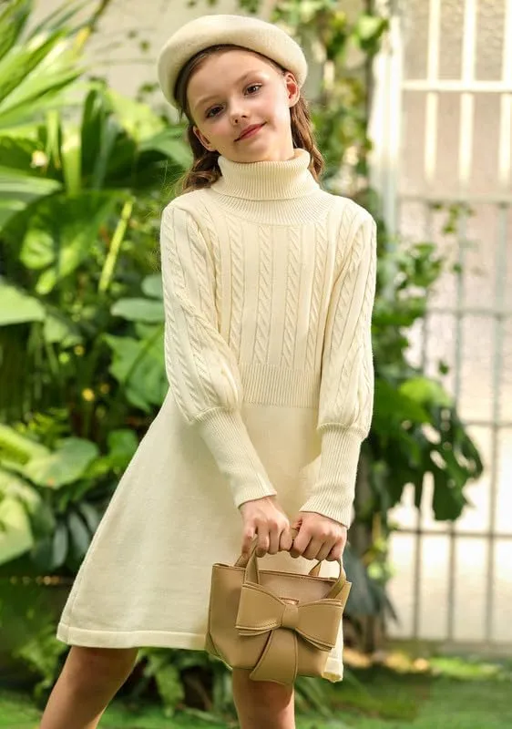 BesserBay Girls Long Sleeve Cable Knitted Sweater Dress Fall Turtleneck Pullover Midi Dress Size 5-14 Years