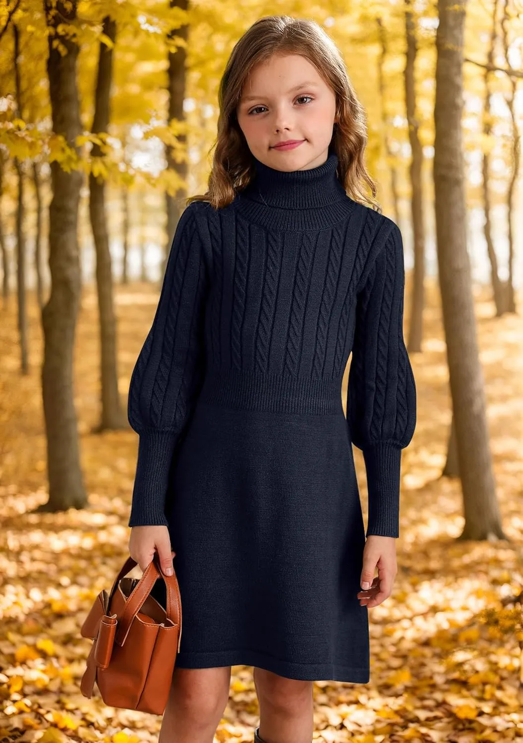 BesserBay Girls Long Sleeve Cable Knitted Sweater Dress Fall Turtleneck Pullover Midi Dress Size 5-14 Years