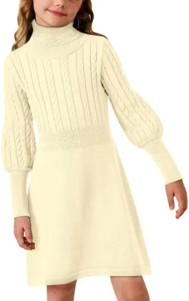 BesserBay Girls Long Sleeve Cable Knitted Sweater Dress Fall Turtleneck Pullover Midi Dress Size 5-14 Years