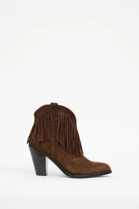 Brown Suede Heeled Fringe Bootie