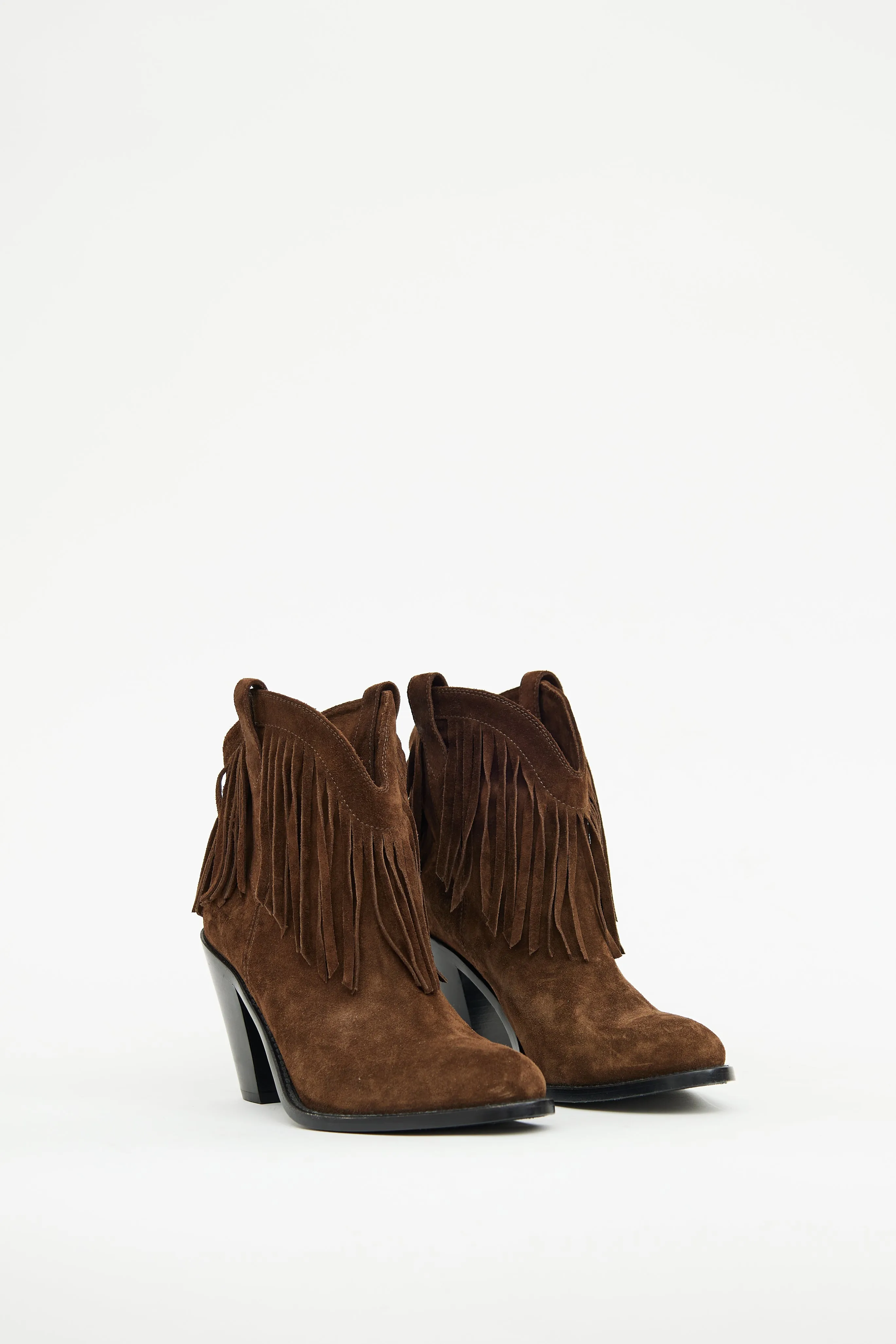 Brown Suede Heeled Fringe Bootie