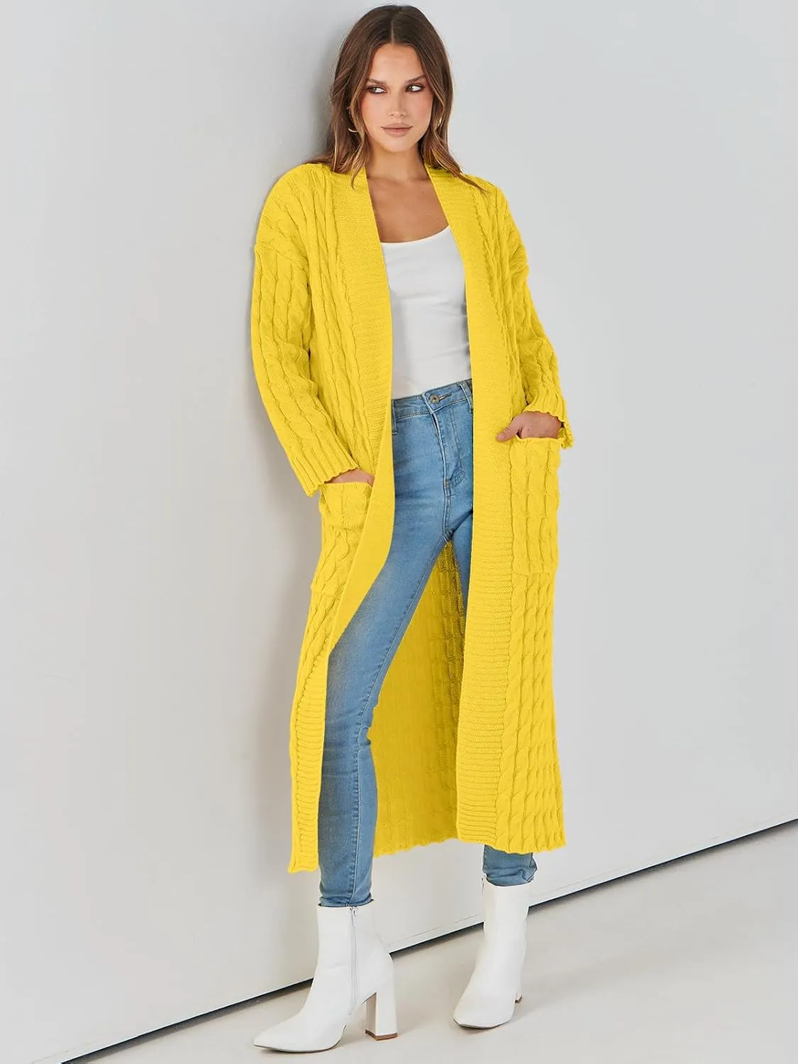 Caracilia Womens Long Cardigan Sweaters 2025 Fall Open Front Coat Long Sleeve Cable Knit Maxi Outerwear Trendy Jacket Clothes