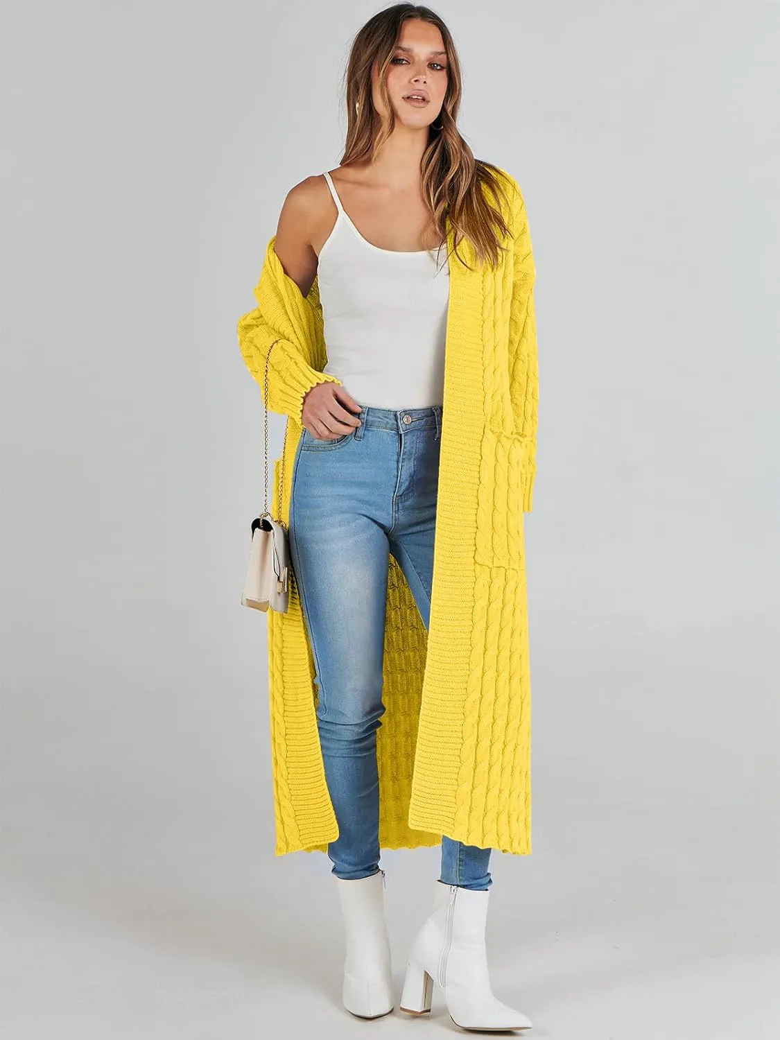 Caracilia Womens Long Cardigan Sweaters 2025 Fall Open Front Coat Long Sleeve Cable Knit Maxi Outerwear Trendy Jacket Clothes