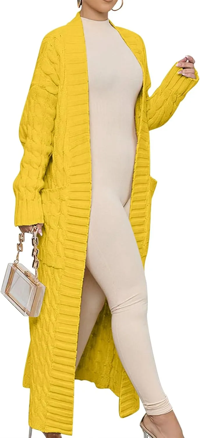 Caracilia Womens Long Cardigan Sweaters 2025 Fall Open Front Coat Long Sleeve Cable Knit Maxi Outerwear Trendy Jacket Clothes