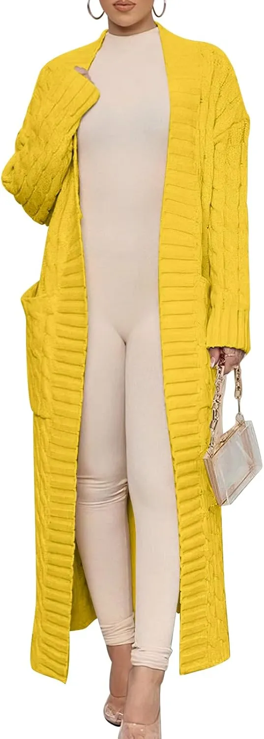 Caracilia Womens Long Cardigan Sweaters 2025 Fall Open Front Coat Long Sleeve Cable Knit Maxi Outerwear Trendy Jacket Clothes