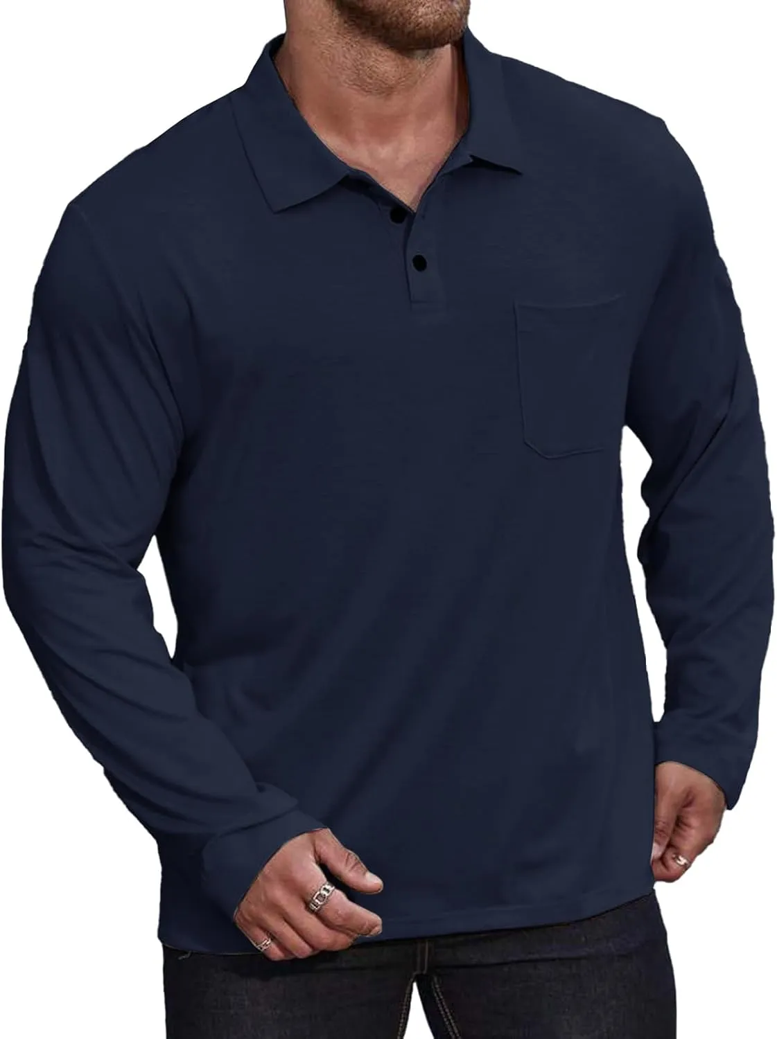 Casual Men's Long Sleeve Polo Shirt Dress Button Solid Color Collared Golf Tops with Pocket