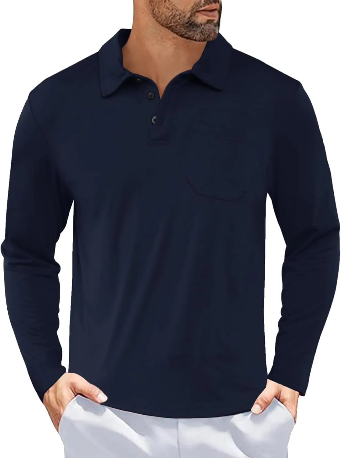 Casual Men's Long Sleeve Polo Shirt Dress Button Solid Color Collared Golf Tops with Pocket