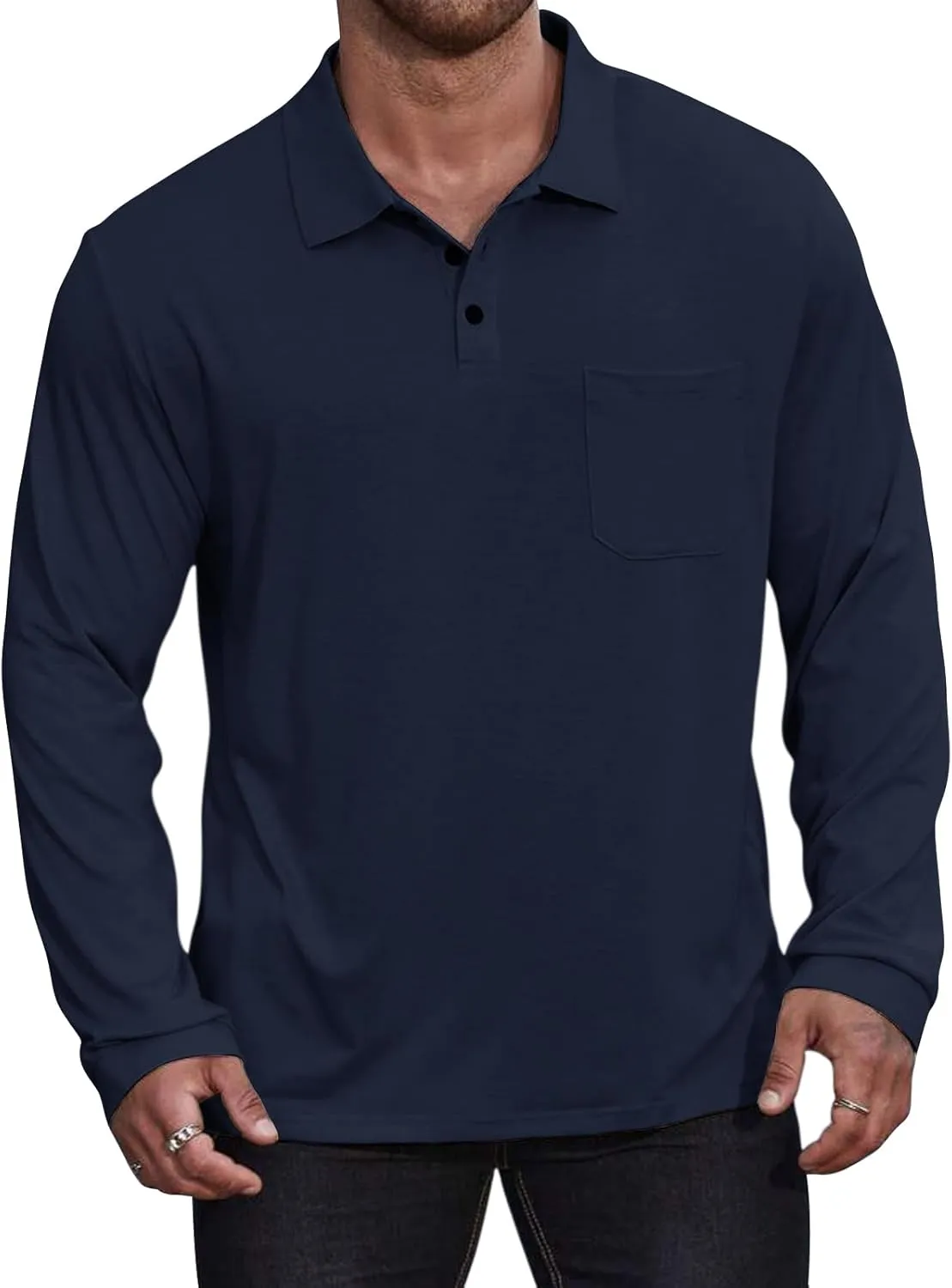 Casual Men's Long Sleeve Polo Shirt Dress Button Solid Color Collared Golf Tops with Pocket