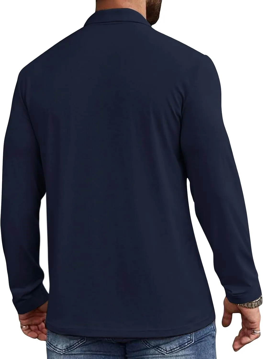 Casual Men's Long Sleeve Polo Shirt Dress Button Solid Color Collared Golf Tops with Pocket