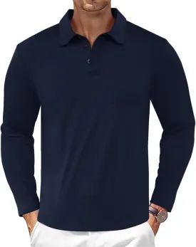 Casual Men's Long Sleeve Polo Shirt Dress Button Solid Color Collared Golf Tops with Pocket
