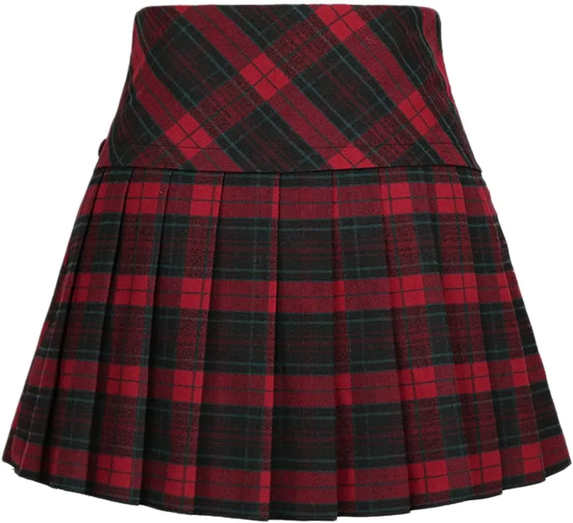 chouyatou Women's A-Line Plaid Wool Blend Pleated Skirt Side Zipper