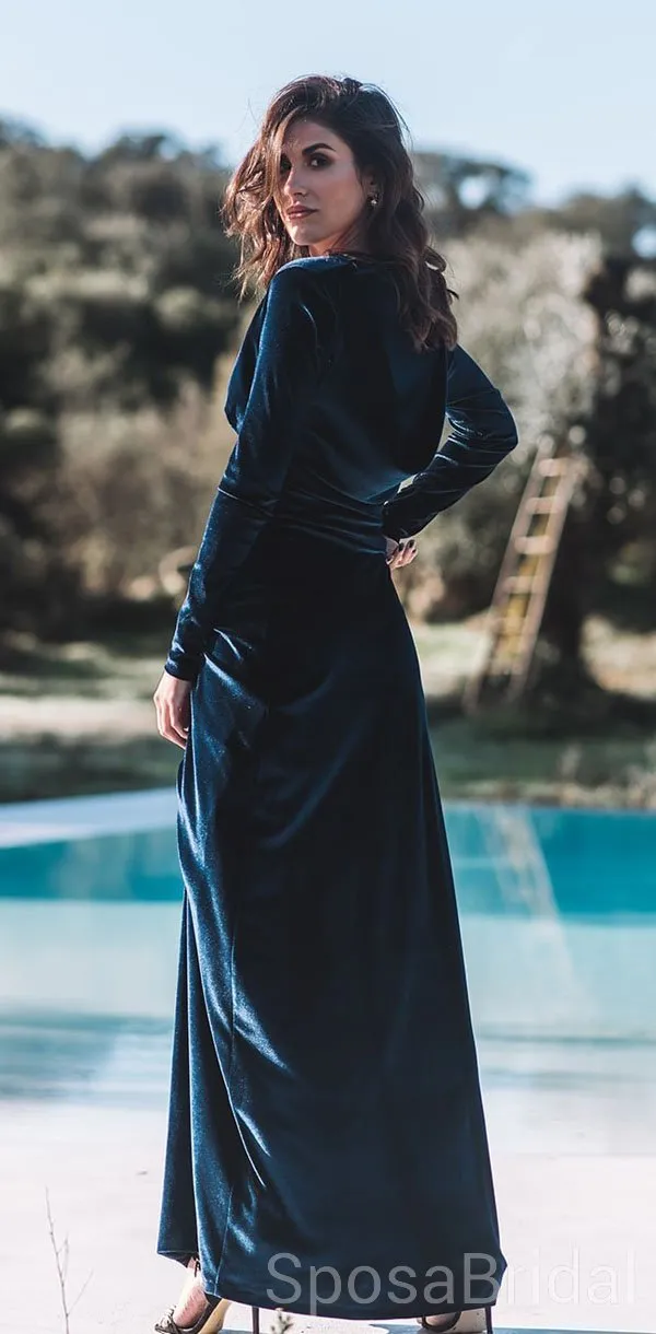 Deep V Neck Long Sleeves Side Slit Modest Velvet Long Formal Elegant Prom Dresses,PD1261