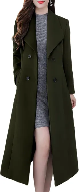 ebossy Women's Shawl Collar Double Breasted Below Knee Slim Wool Trench Long Coat