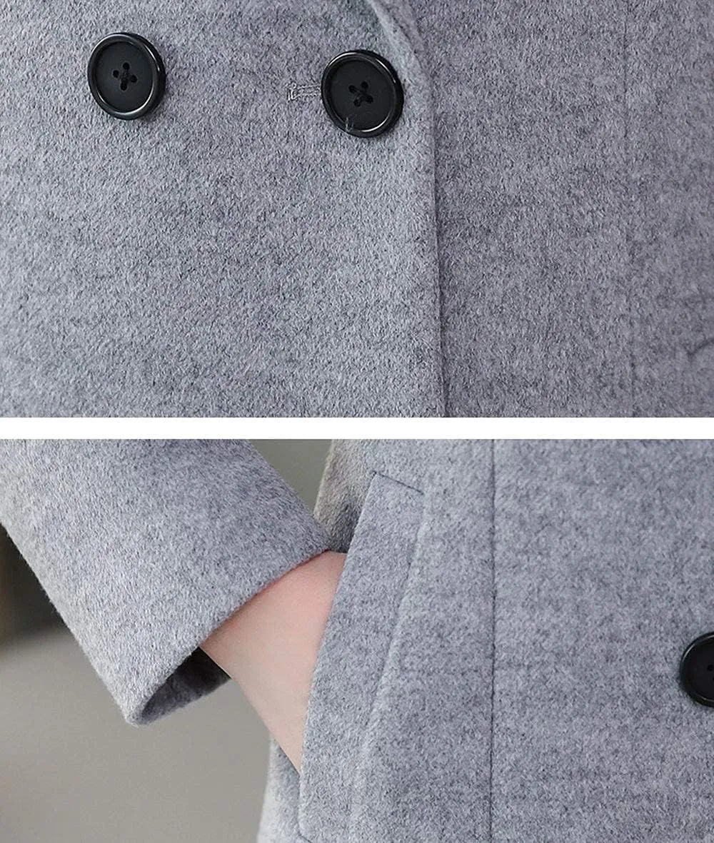 ebossy Women's Shawl Collar Double Breasted Below Knee Slim Wool Trench Long Coat
