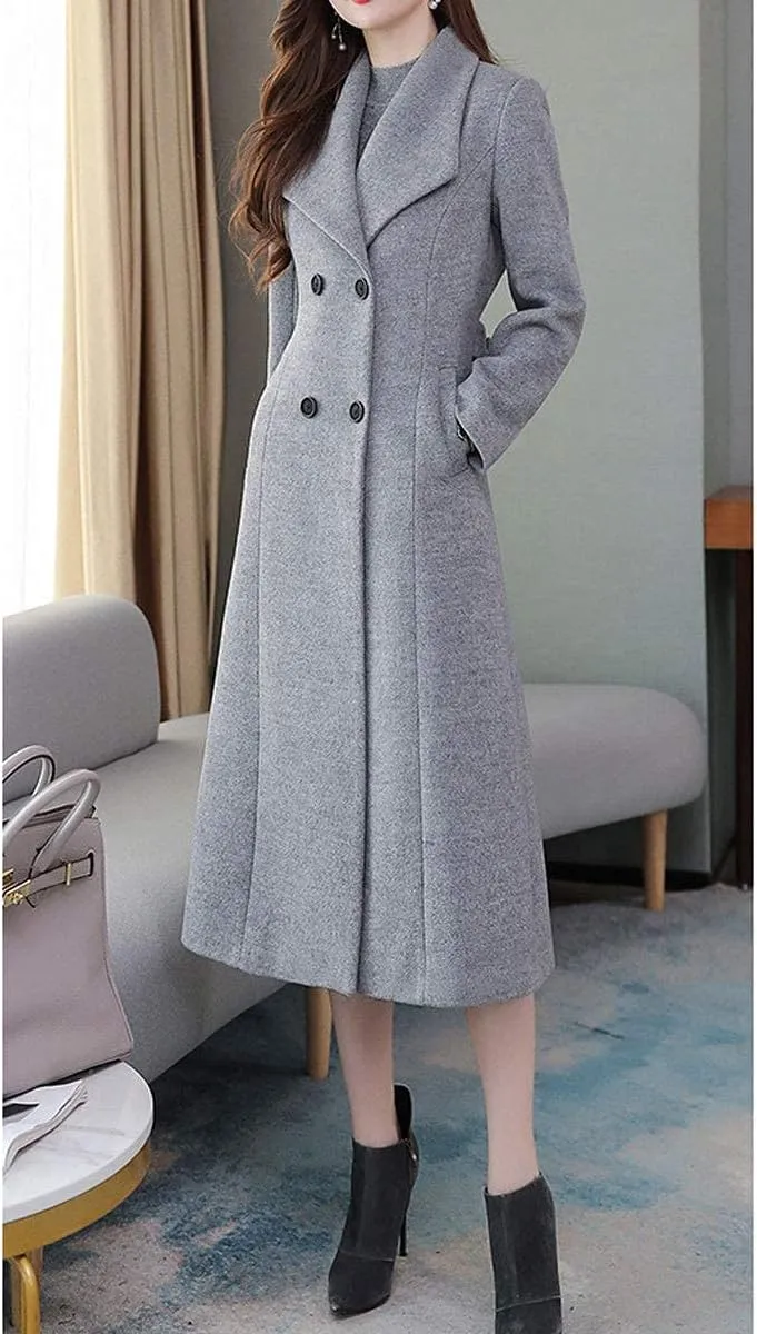ebossy Women's Shawl Collar Double Breasted Below Knee Slim Wool Trench Long Coat