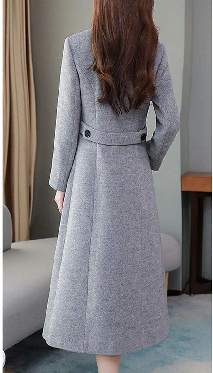 ebossy Women's Shawl Collar Double Breasted Below Knee Slim Wool Trench Long Coat