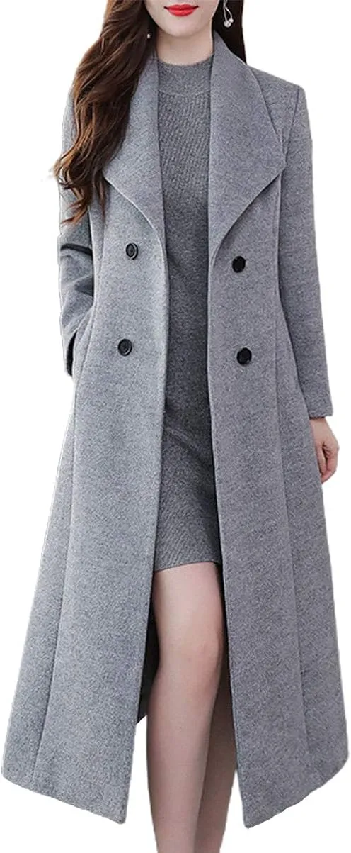 ebossy Women's Shawl Collar Double Breasted Below Knee Slim Wool Trench Long Coat