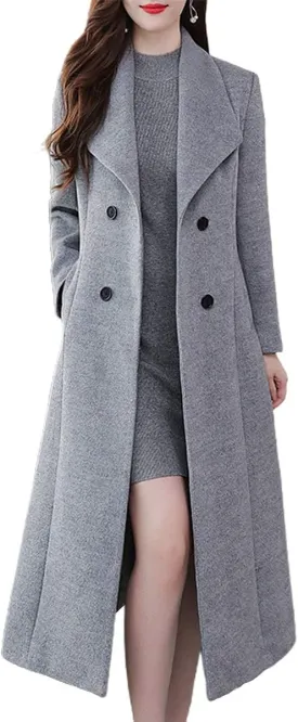 ebossy Women's Shawl Collar Double Breasted Below Knee Slim Wool Trench Long Coat