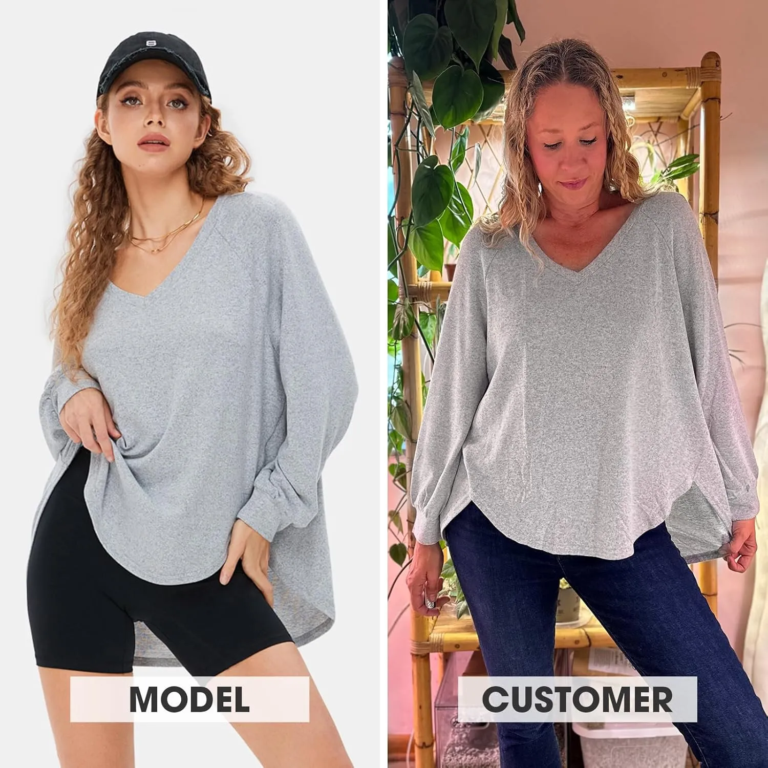 EXLURA Womens Spring Oversized V Neck Tunic Tops 2025 Casual Long Sleeve Shirts Lightweight Soft Sweater Curved Hem T Shirts
