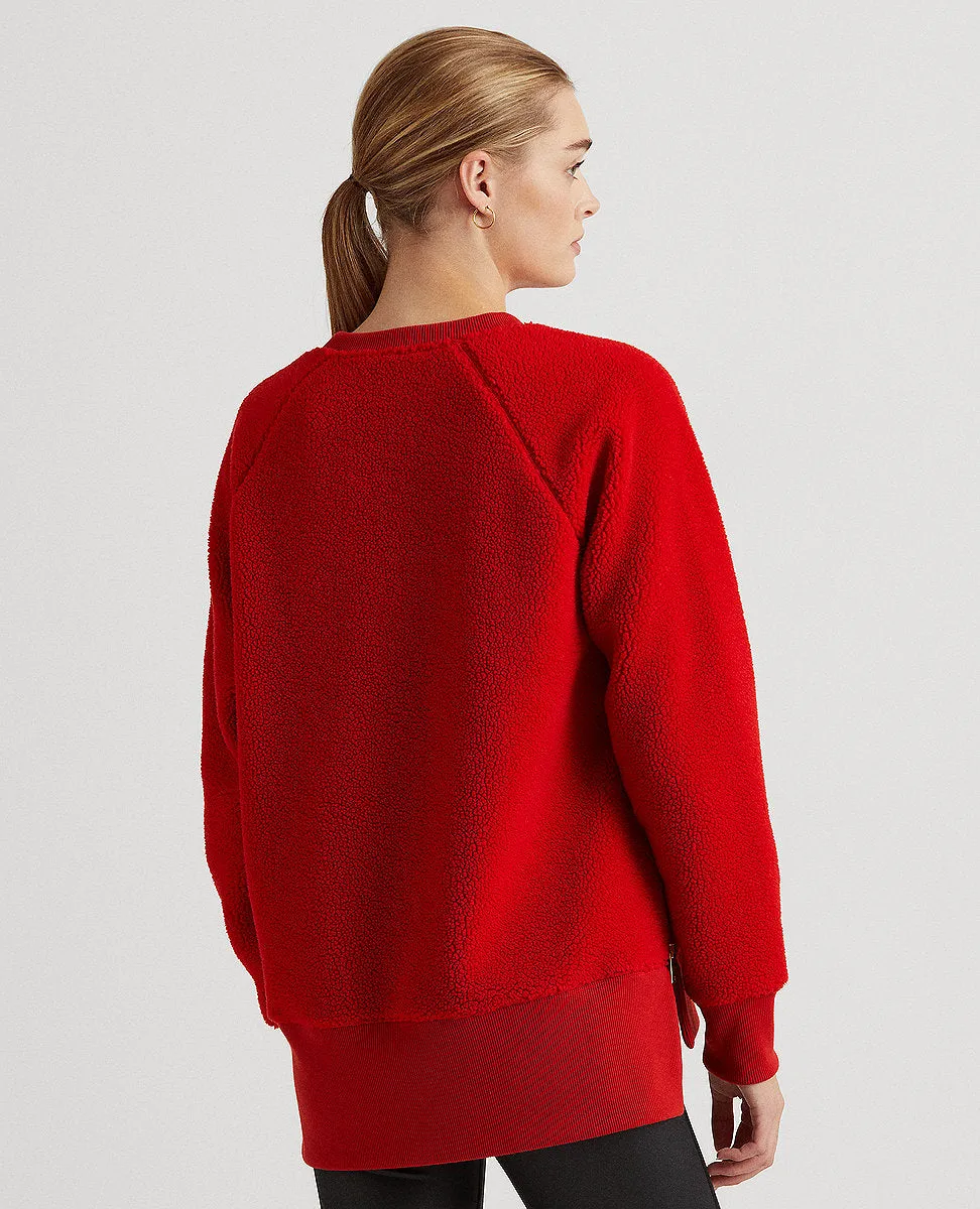 Faux-Shearling Crewneck Pullover In Red