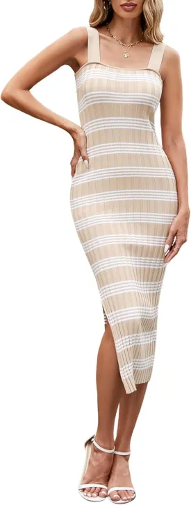 HDLTE Women's Sleeveless Striped Knit Bodycon Midi Dress Square Neck Side Slit Tank Ribbed Sweater Dresses