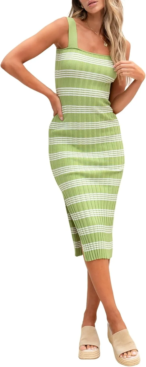 HDLTE Women's Sleeveless Striped Knit Bodycon Midi Dress Square Neck Side Slit Tank Ribbed Sweater Dresses