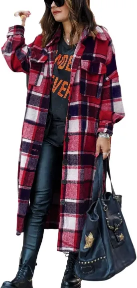 Kwoki Women's Long Plaid Shirt Jacket Casual Loose Fit Button Down Lapel Wool Blend Trench Coat Shackets