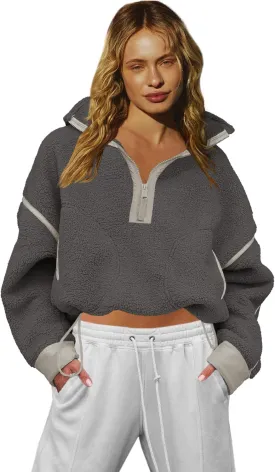 LAMISSCHE Half Zip Sweatshirt Women Oversized Sherpa Jacket V Neck Fleece Pullover Hoodie with Pockets