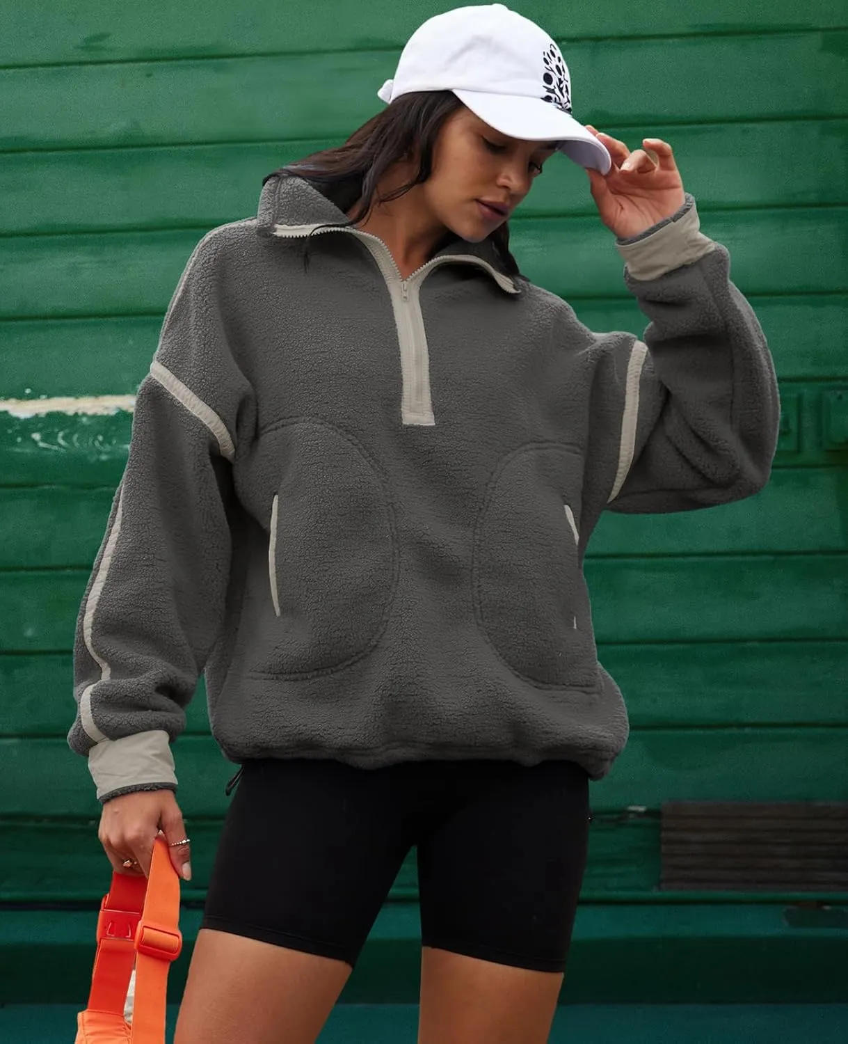 LAMISSCHE Half Zip Sweatshirt Women Oversized Sherpa Jacket V Neck Fleece Pullover Hoodie with Pockets