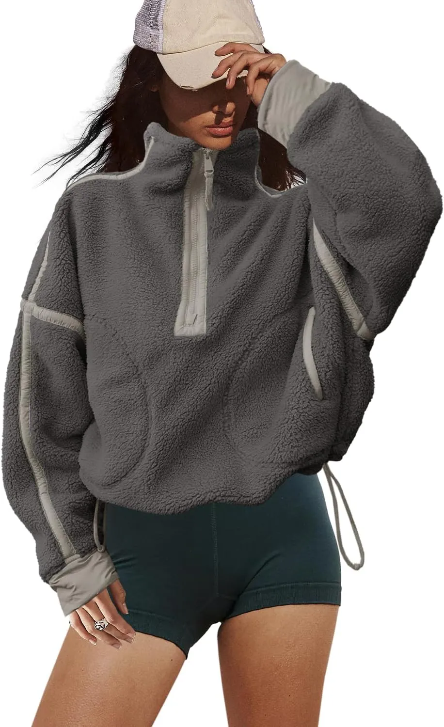 LAMISSCHE Half Zip Sweatshirt Women Oversized Sherpa Jacket V Neck Fleece Pullover Hoodie with Pockets
