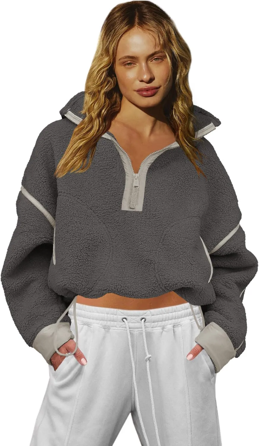 LAMISSCHE Half Zip Sweatshirt Women Oversized Sherpa Jacket V Neck Fleece Pullover Hoodie with Pockets