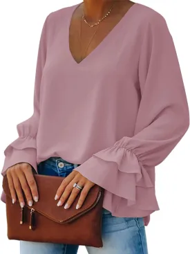 LYANER Women's Casual V Neck Tiered Ruffle Bell Long Sleeve Blouse Shirt Tunic Top