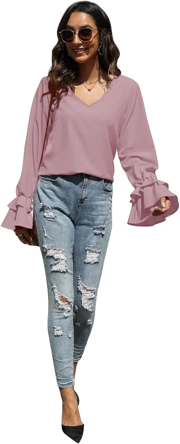 LYANER Women's Casual V Neck Tiered Ruffle Bell Long Sleeve Blouse Shirt Tunic Top