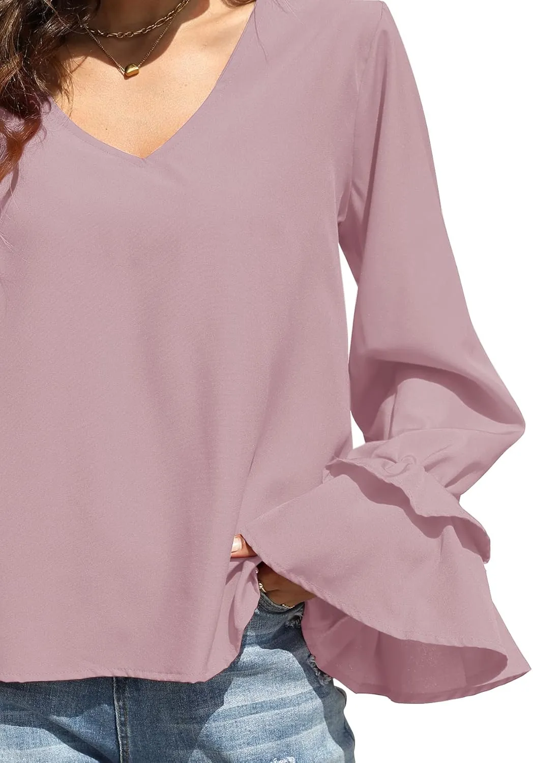 LYANER Women's Casual V Neck Tiered Ruffle Bell Long Sleeve Blouse Shirt Tunic Top