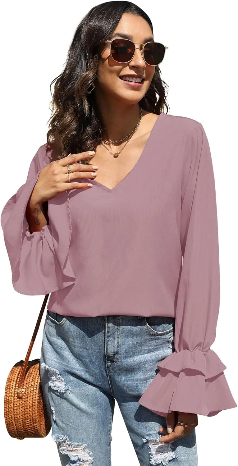 LYANER Women's Casual V Neck Tiered Ruffle Bell Long Sleeve Blouse Shirt Tunic Top
