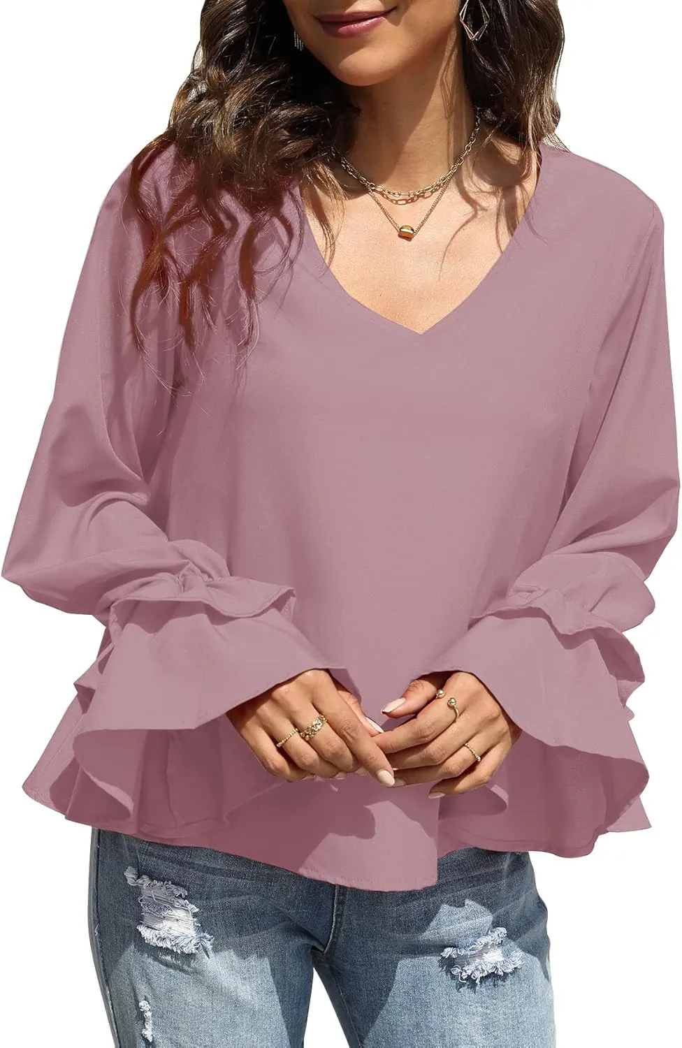LYANER Women's Casual V Neck Tiered Ruffle Bell Long Sleeve Blouse Shirt Tunic Top