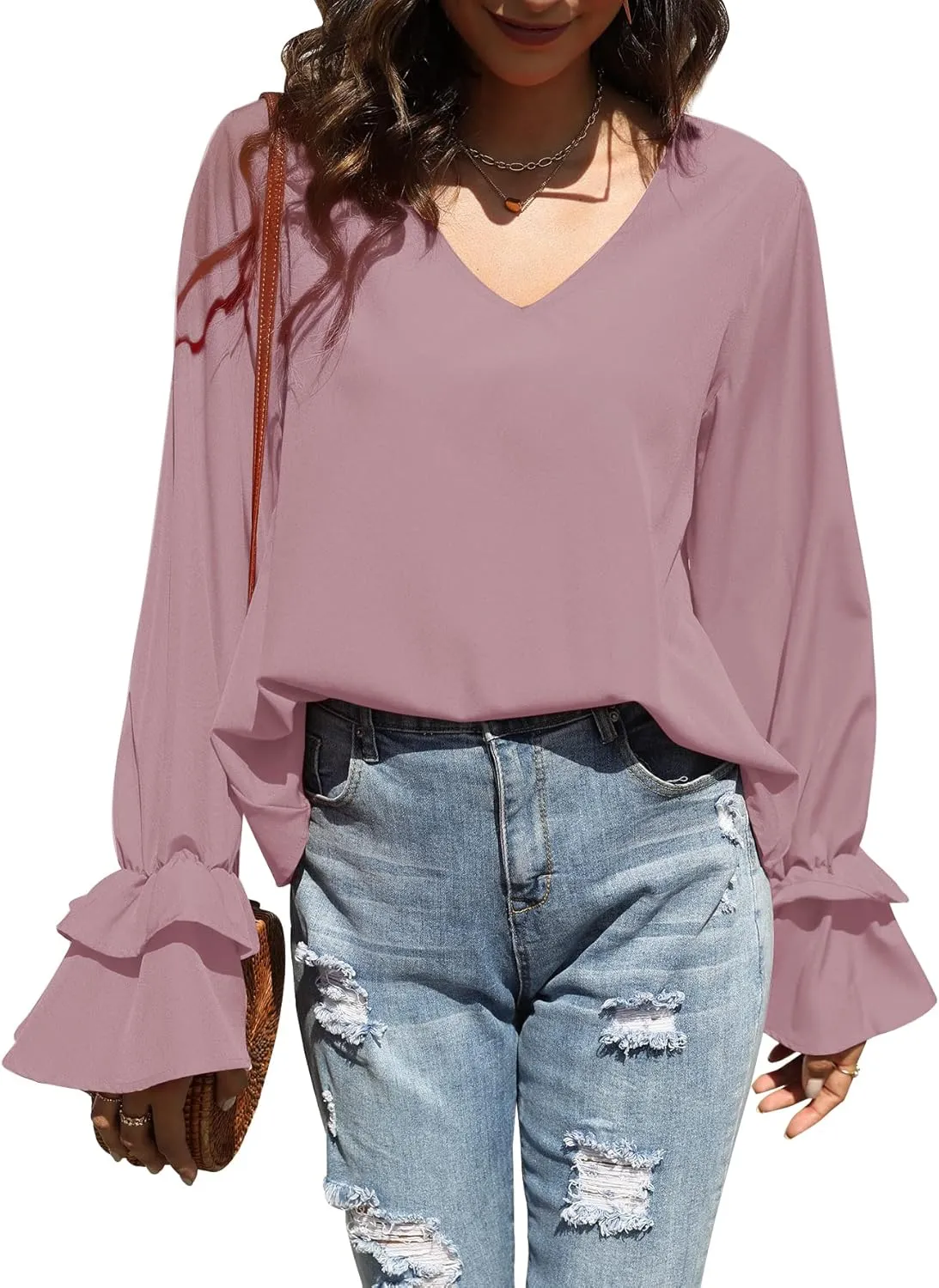 LYANER Women's Casual V Neck Tiered Ruffle Bell Long Sleeve Blouse Shirt Tunic Top